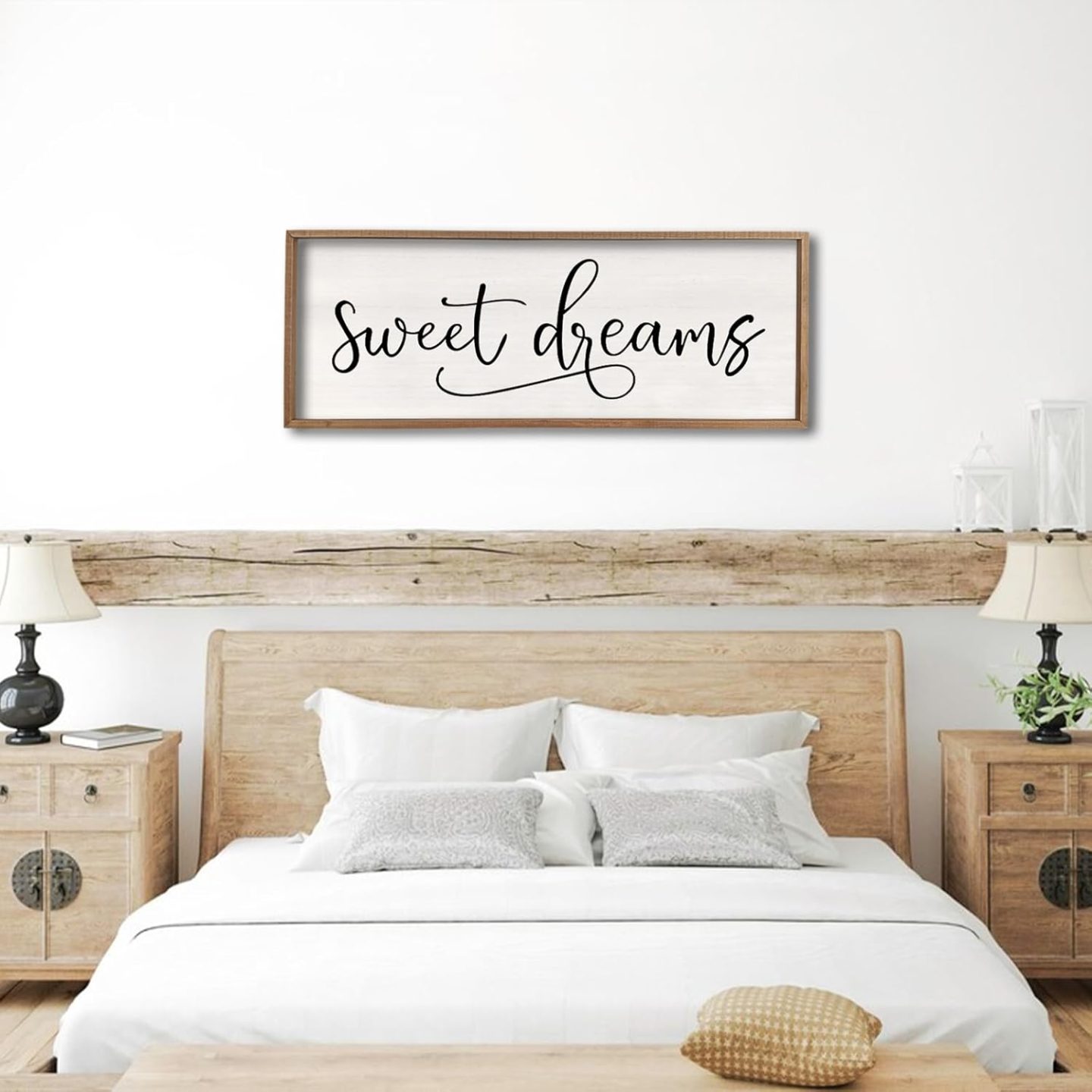 Cadre mural avec inscription Sweet Dreams en bois blanc, style farmhouse