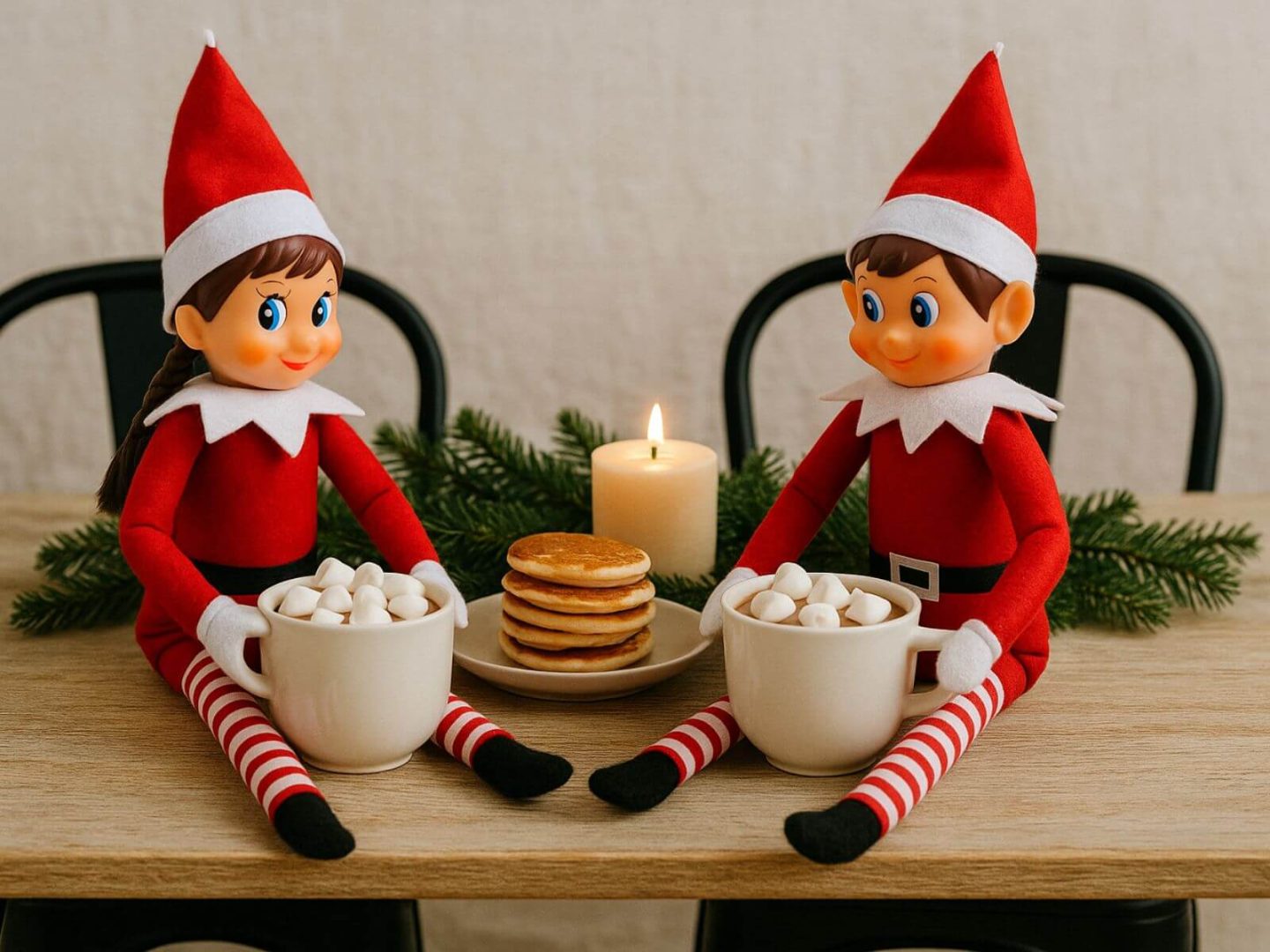 Deux lutins farceurs assis à table avec chocolat chaud et marshmallows