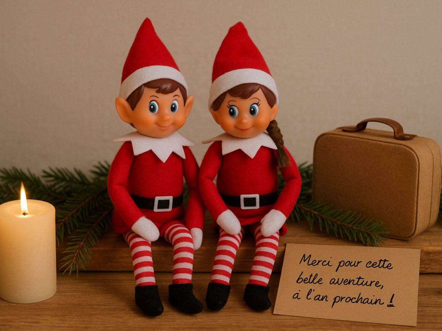 Fripouille et Gribouille assis côte à côte avec valise et message “Merci pour cette belle aventure, à l’an prochain”