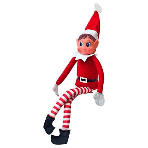 Lutin farceur fille en tenue rouge et collants rayés, lutin de Noël à poser dans la maison