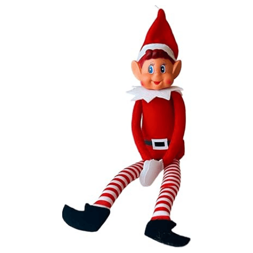 Lutin farceur garçon en tenue rouge et collants rayés, à adopter pour Noël