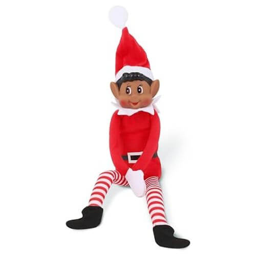 Lutin farceur en peluche rouge et blanc assis avec collants rayés