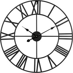 Grande horloge murale noire en métal avec chiffres romains style farmhouse